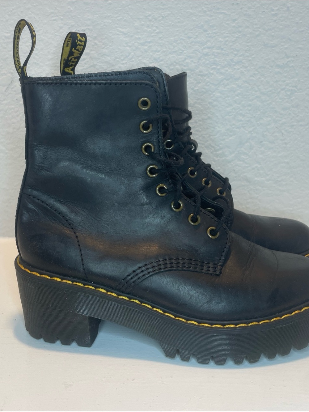 Dr. Martens Black Leather Platform Lace-Up Boots with Yellow Stitching - Picture 5 of 10